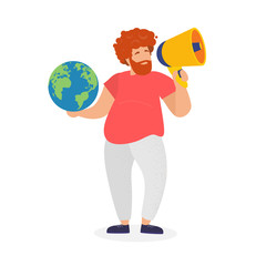 Media. Man is talking in megaphone. Speaker. He gives lecture. He holds the planet earth in his hand. Globe. Talks about the problems of the whole world. Modern vector illustration.