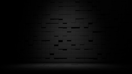 Dark studio abstract background, illuminated wall and floor. Squares textured wall with textures. Directional lighting. 3d illustration, render.