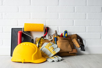 construction worker helmet with tools