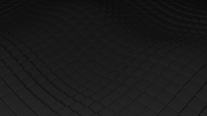 Dark gray abstract minimalistic background. Dark cubes running in the waves. 3d illustration, render.
