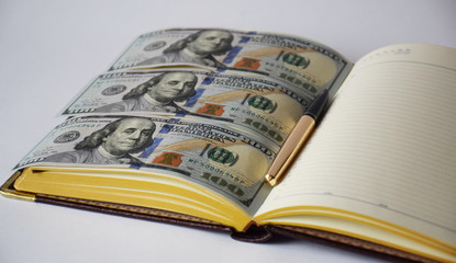 gold pen on a diary with straight rows of banknotes, US dollars on a white background, money book
