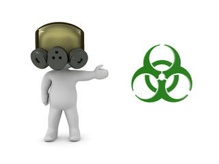 3D Character with gas mask pointing to biohazard logo