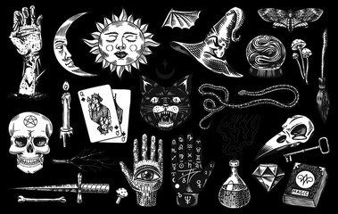 Mystical magic boho elements. Witchcraft astrological set. Esoteric alchemy occult sketch for tattoo. Palmistry and skull, the hand of a dead man. Drawn Engraved Game Cards and Black Cat.