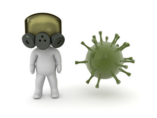 3D Character wearing gas mask next to virus microbe bacteria