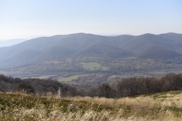 Bieszczady Mountain park with top view in high sun