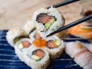 Close up of salmon uramaki