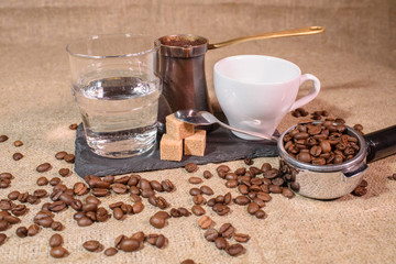 Turkish coffee or cezve coffee. Delicious strong coffee made in the sand.