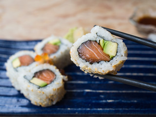 Close up of salmon uramaki