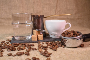 Turkish coffee or cezve coffee. Delicious strong coffee made in the sand.
