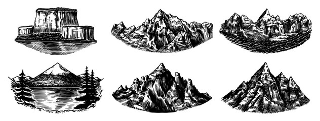 Set of mountains peaks, vintage rock, old highlands range. Hand drawn vector outdoor sketch in engraved style. Alps and Chamonix-Mont-Blanc for hiking card, climbing banner, tattoo or label.
