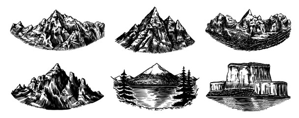 Set of mountains peaks, vintage rock, old highlands range. Hand drawn vector outdoor sketch in engraved style. Alps and Chamonix-Mont-Blanc for hiking card, climbing banner, tattoo or label.