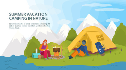 Fototapeta na wymiar Banner for the design of summer camping in nature a guy and a girl sit next to a campfire near a tourist tent against the background of mountains flat vector illustration