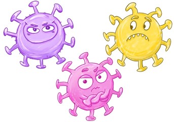 Hand drawn funny cartoon illustration of a molecules of coronavirus covid-19 with different emotions. Funny doodle image for kids. Isolated on a white background. 