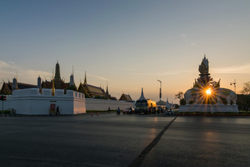 Wat Phra Kaew landmark in Bangkok, temple of the emerald Buddha and Grand Palace at twilight in Bangkok.