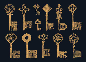 Victorian keys. Medieval Gothic locks set. The device for opening the door. Antique elements to blocking. System of security. Vintage vector sketch. Engraved hand drawn illustration.