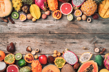 Exotic fruits - pineapple, papaya, mango, annona, banana, pitahaya, kiwano, african horned melon, tamarillo fruit, granadilla, salak, snake fruit, maracuya, rambutan, lychee, longan, tamarind