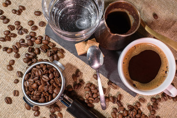 Turkish coffee or cezve coffee. Delicious strong coffee made in the sand.
