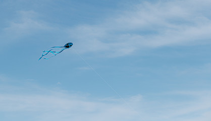 A blue kite flying in the blues sky