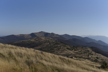 Bieszczady Mountain park with top view in high sun
