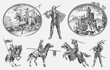 Medieval armed knight in armor and on a horse. Historical ancient military characters set. Cavalier with a spear and a flag. Ancient fighters. Vintage vector sketch. Engraved hand drawn illustration. - obrazy, fototapety, plakaty