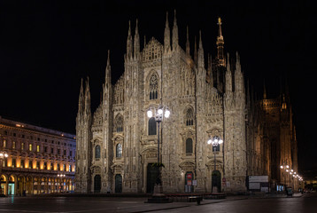 Duomo di Milano Cathedral in Duomo Square at night. (Piazza del Duomo). Milan, Italy