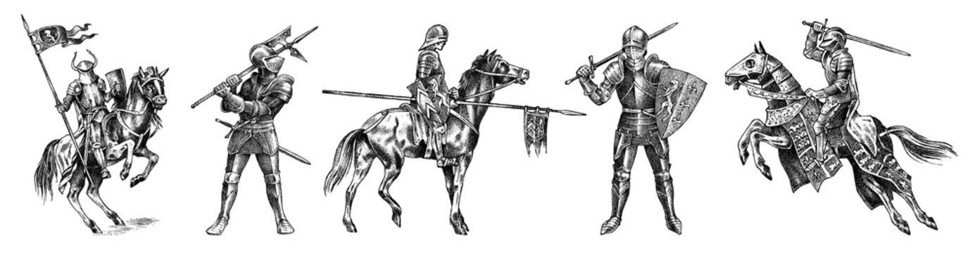 Medieval armed knight in armor and on a horse. Historical ancient military characters set. Prince with a spear and a flag. Ancient fighters. Vintage vector sketch. Engraved hand drawn illustration.