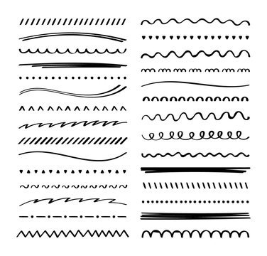 Hand drawn collection set of underline strokes in marker brush doodle style. Doodle design elements. Vector graphic design