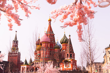 Moscow, Russia, April 16, 2018 - St. Basil's Cathedral, the Kremlin and Vasilyevsky Descent in the spring surrounded by artificial sakura trees, installation. - 332764321