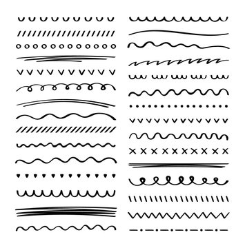 Hand drawn collection set of underline strokes in marker brush doodle style. Doodle design elements. Vector graphic design