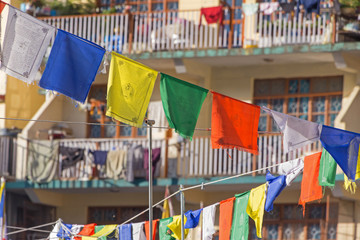 close up of Tibetian prayer flags at building in Dharamshala, India