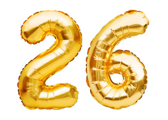 Number 26 twenty six made of golden inflatable balloons isolated on white. Helium balloons, gold foil numbers. Party decoration, anniversary sign for holidays, celebration, birthday, carnival - obrazy, fototapety, plakaty