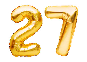 Number 27 twenty seven made of golden inflatable balloons isolated on white. Helium balloons, gold foil numbers. Party decoration, anniversary sign for holidays, celebration, birthday, carnival - obrazy, fototapety, plakaty