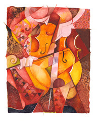 Modern watercolor drawing of a cellist playing, original abstract cubist decorative style, colourfull