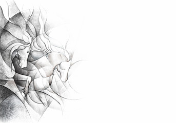 Running horses illustration - black and white, handmade drawing, original background © Martin