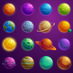 set of beautiful cartoon icons of planets in the universe, vector illustration