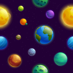 seamless background with planets cartoon planets and stars, vector illustration