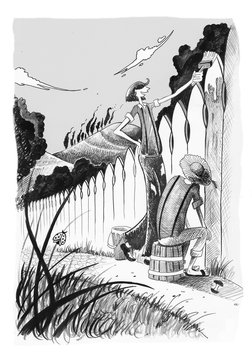 Tom Sawyer paints the fence. Black and white ink illustration