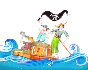 Handmade illustration with friends on a raft playing pirates, tom sawyer huckleberry finn