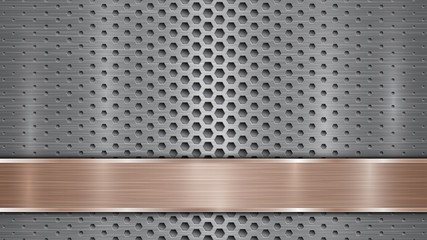 Background of silver perforated metallic surface with holes and horizontal bronze polished plate with a metal texture, glares and shiny edges