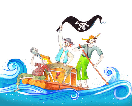 Handmade illustration with friends on a raft playing pirates, tom sawyer huckleberry finn