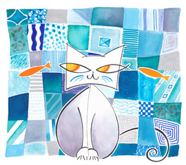 Cat - Smiling cat handmade illustration, fish, acquarius, mosaic effect, decorations, humour, funny situation,