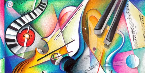Foto op Plexiglas Muziek - Handgemaakte illustratie over muziek en muziekinstrumenten, kleurrijke tekening, muziekschilderij © Martin