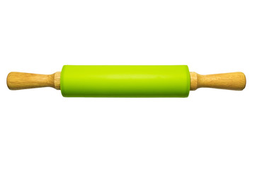 Green silicone rolling pin isolated on white background