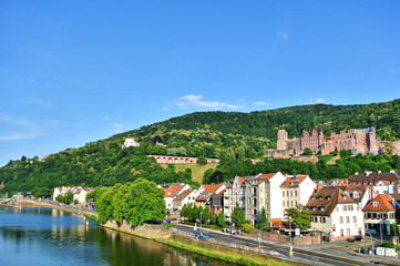 Fototapeta na wymiar Heidelberg, Germany - panorama of the city, houses with brown roofs over which the Heidelberg castle on the northern green slope with trees of the Konigstuhl mountain, river in the foreground.