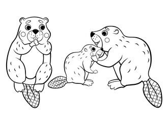 Cute cartoon wild beaver family vector coloring page outline. Male and female beaver with their little beaver. Coloring book of forest animals and rodents for kids. Isolated on white background