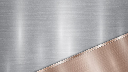 Background consisting of a silver shiny metallic surface and one polished bronze plate located in corner, with a metal texture, glares and burnished edge