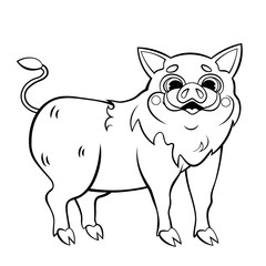 Cute cartoon wild boar vector coloring page outline. Happy hog. Coloring book of forest animals for kids. Isolated on white background