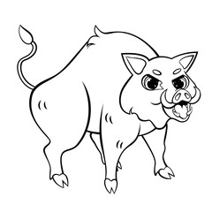 Cartoon wild boar vector coloring page outline. Angry hog. Coloring book of forest animals for kids. Isolated on white background