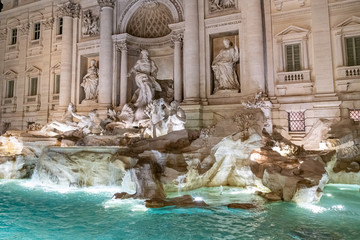 Fountain of Trevi by night - most famous Rome fountains in the world. Italy.