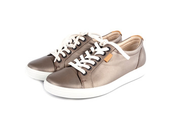Shinny Brown Leather Sneakers With White Lace Isolated on White